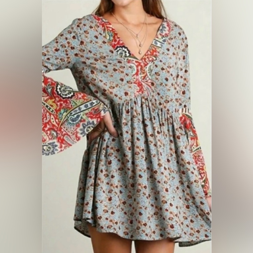 Umgee Mixed Print Peasant Dress Size Small